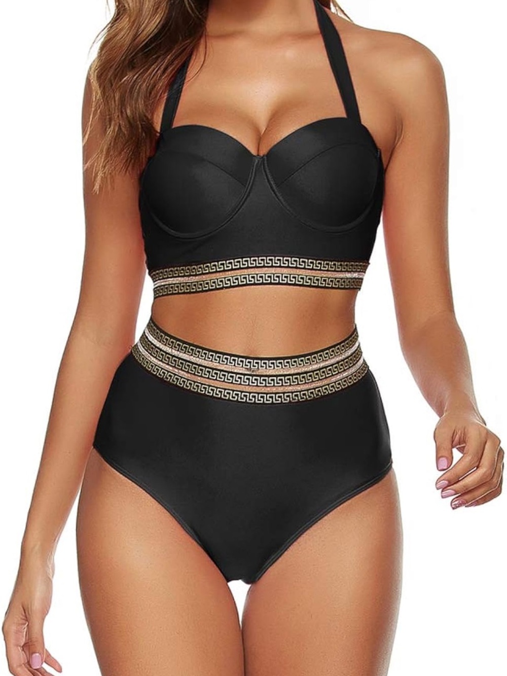 Womens Retro Halter Two Piece High Waist Black Swim Set with Gold Trim. Large